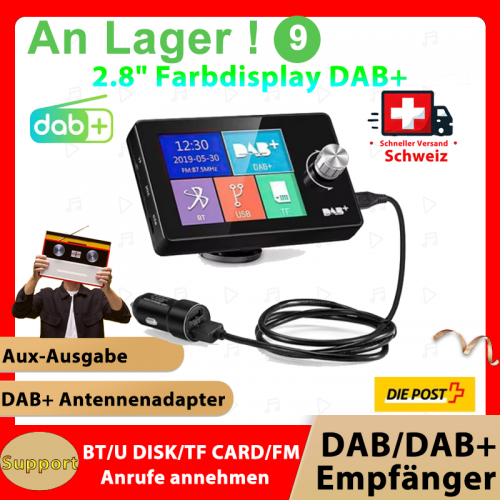 2.8 inch color display DAB receiver DAB+ antenna adapter AUX interface support BT UDISK TF CARD FM