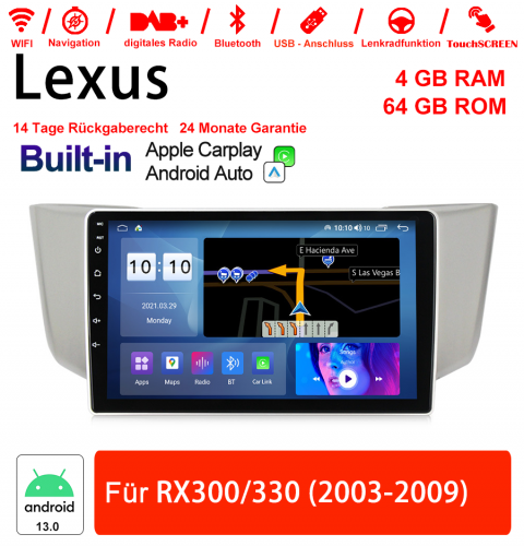 9 pouces Android 13.0 Autoradio/Multimédia 4 Go RAM 64 Go ROM Pour Lexus RX 330/300 2003 ~ 2009 CarPlay intégré / Andorid Auto