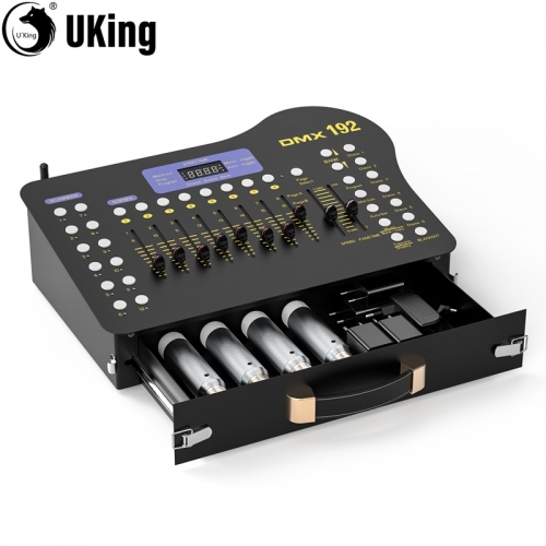 Wireless DMX 512 Console and MIDI Operator 192-channel lighting control with drawer transmitter and 4 rechargeable receivers