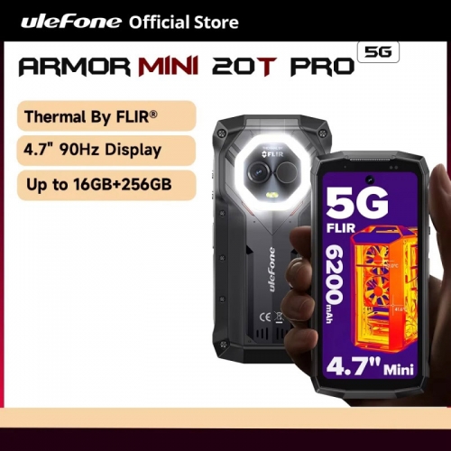 Ulefone Armor mini 20T Pro 5G téléphone robuste avec écran de 4.7 pouces, Android 14, 6200mAh, 16 go de RAM (8 + 8) + 256 go de ROM