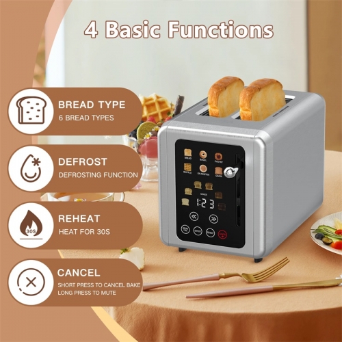 Stainless Steel Two Slice Toaster Touch Screen Automatic Bread Toaster for Home Breakfast Machine 6 Browning Levels