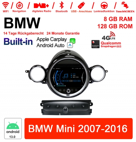 9 pouces Qualcomm Snapdragon 665 Android 13 4G LTE Autoradio  8GB RAM 128GB ROM USB WiFi Navi Carplay Pour BMW Mini Cooper(2007-2016)