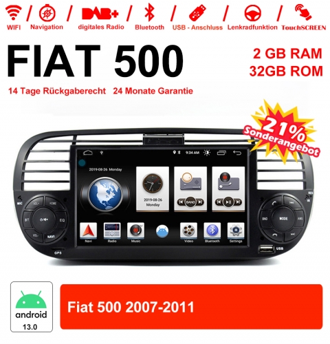 6.2 pouces  Android 13.0 Autoradio/multimédia 2Go RAM 32Go ROM pour Fiat 500 2007-2011 avec WiFi NAVI Bluetooth USB Built-in Carplay/Android Auto Noir