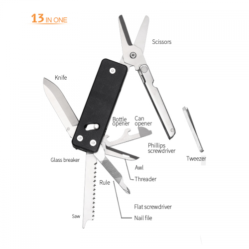 Multi-function pocket knife with large scissor tool, G10 handle and pocket clip, 13 functions in 1 tool, good for camping