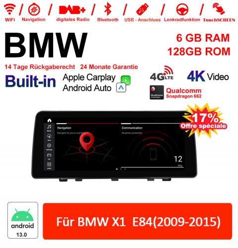 12.3 Inch Qualcomm Snapdragon 665 8 Core Android 13.0 4G LTE Car Radio / Multimedia USB WiFi Navi Carplay For BMW X1  E84(2009-2015) With WiFi