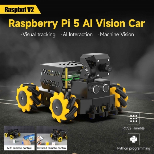 4WD Raspbot V2 AI Robot Car Kit basierend auf Raspberry Pi 5, für Anfänger, Lernspielzeug, ROS2-Humble Python-Programmierset