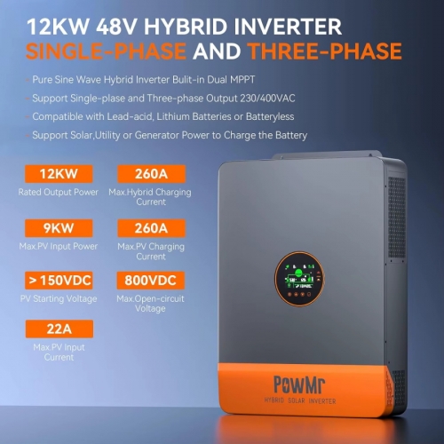 PowMr 12 kW Hybrid Solar Inverter 48 V 220 V 3-Phase On-Off Grid Inverter with Dual MPPT Output and WiFi