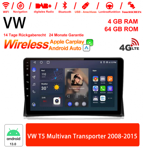 9 pouces Android 13.0 Autoradio / multimédia 4Go de RAM 64Go de ROM pour VW T5 Multivan Transporter 2008-2015