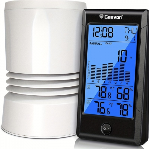 Wireless digital rain gauge with outdoor temperature display, calendar alarm clock with temperature and humidity rain gauge