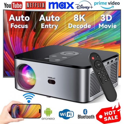 HORLAT T03 26000 Lumens Android Projector 4K Outdoor Projector Full HD 1080P 8K 3D Video Audio Home Theater Autofocus Keystone