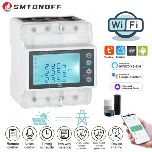 Compteur d'énergie intelligent bidirectionnel Tuya WiFi, triphasé, 4 fils, 380 V, 100 A, protection contre les surtensions et les sous-tensions
