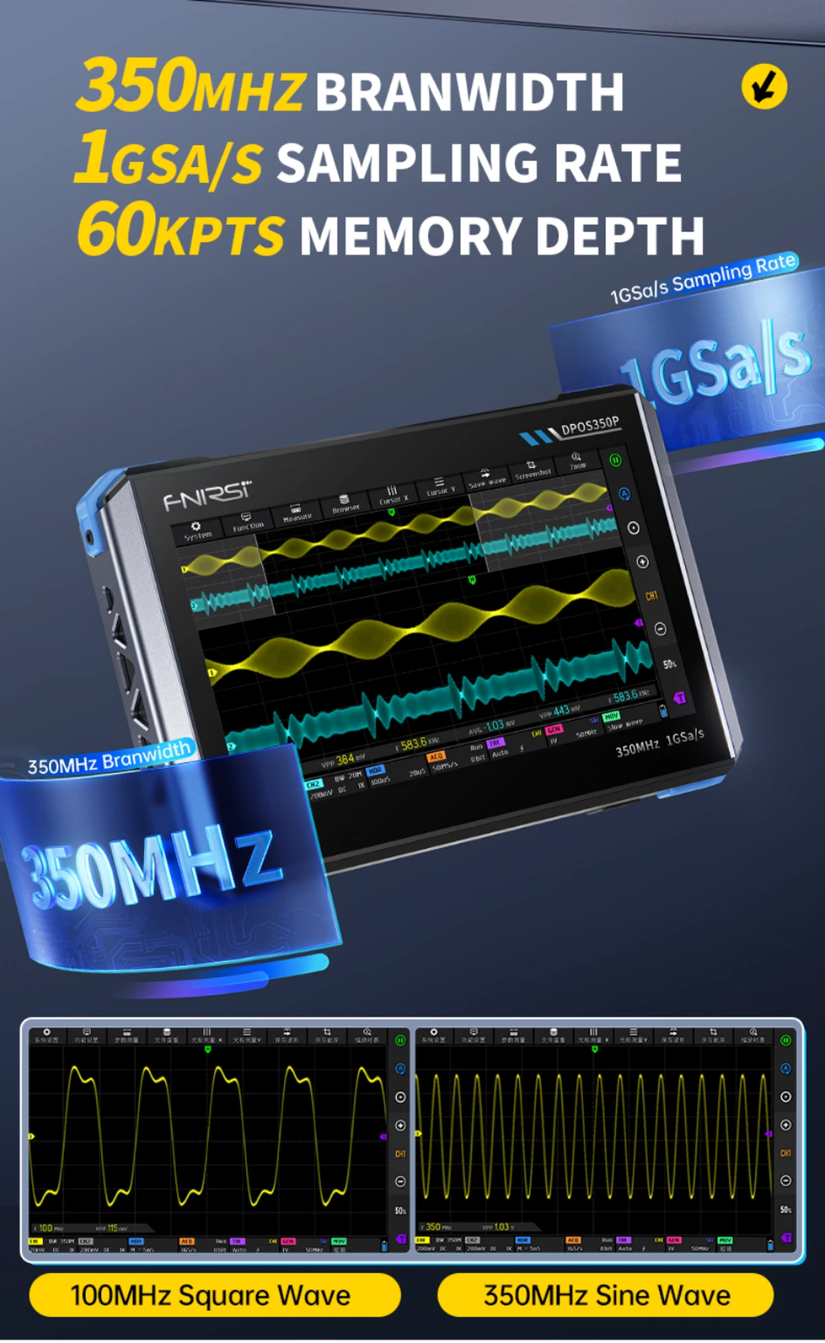 FNIRSI DPOS350P oscilloscope 4‑en‑1 écran tactile