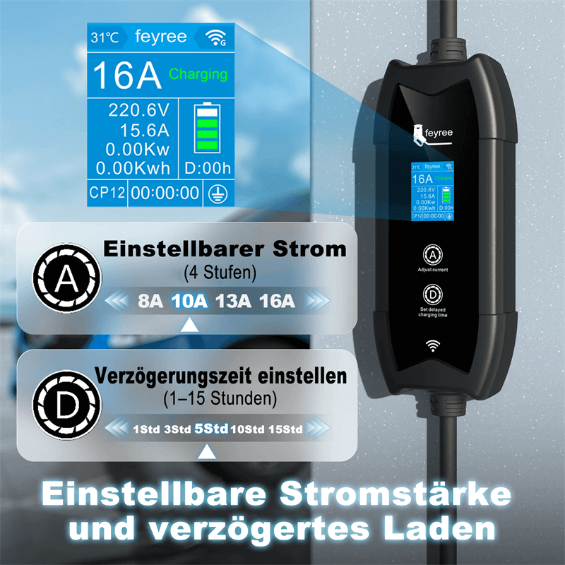 Feyree EV Charger – Einstellbarer Strom und Ladeverzögerung in 4 Stufen
