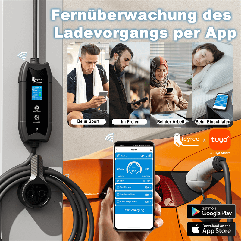 Feyree tragbares EV-Ladegerät – App-Überwachung in Alltagssituationen