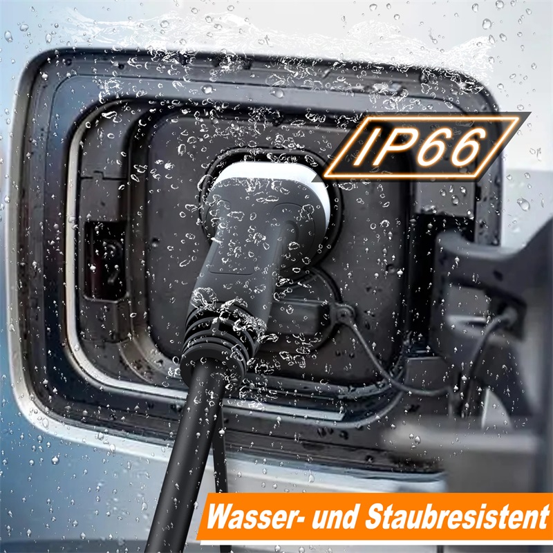 EV charging plug inserted into socket with IP66 protection, resistant to water and dust
