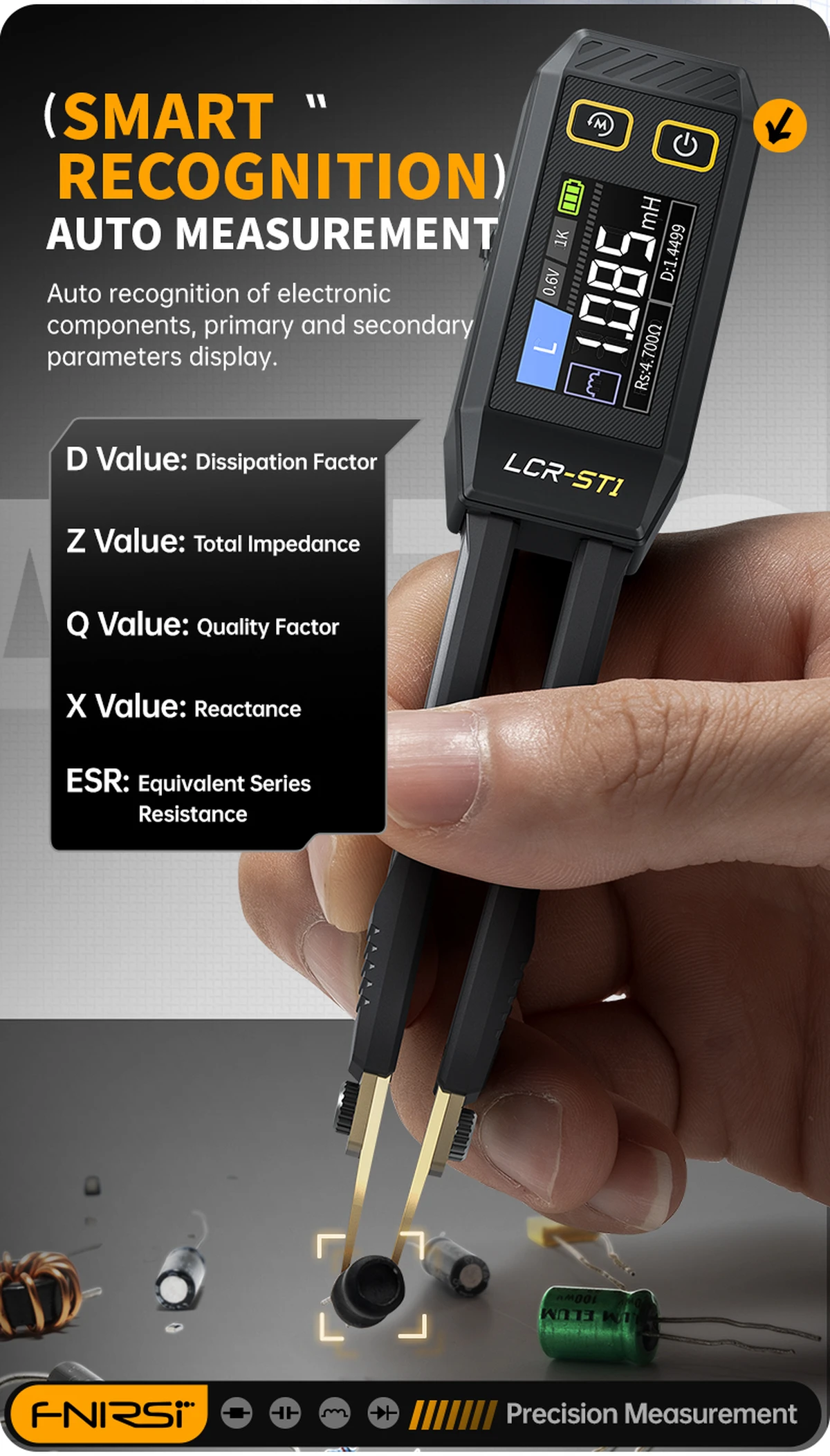 FNIRSI LCR‑ST1 mini smart tweezer multimeter with color display in use