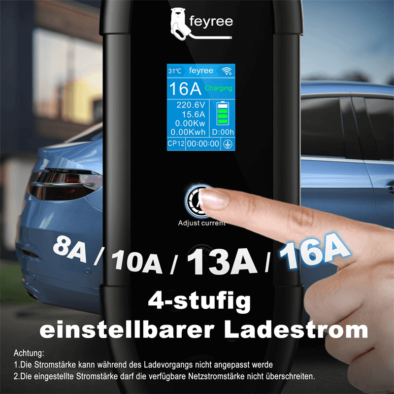 E-Auto Ladegerät mit 4-stufig einstellbarer Stromstärke – 8A 10A 13A 16A