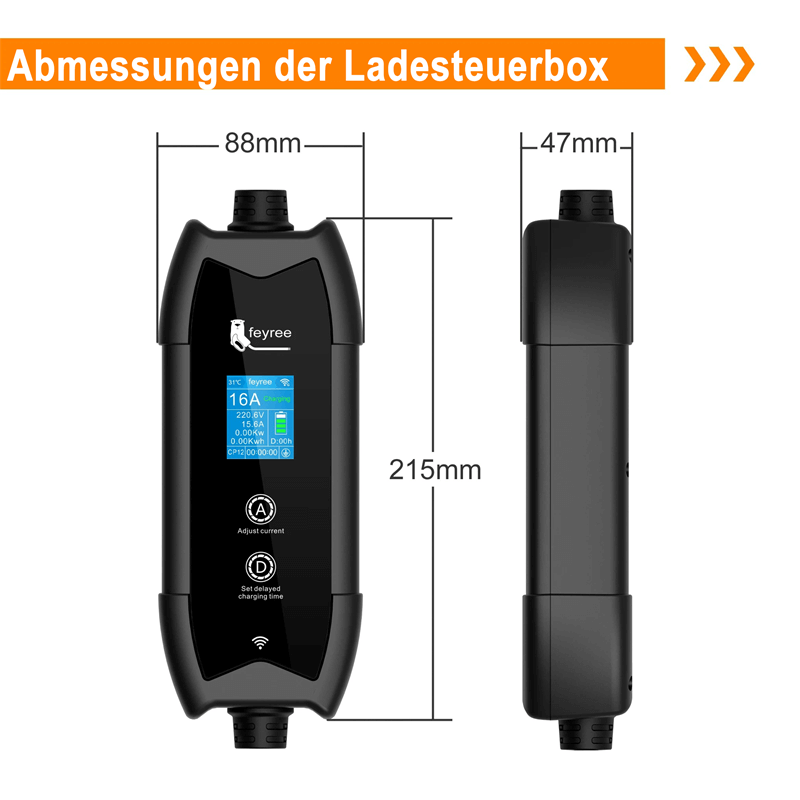 Abmessungen der Feyree Ladesteuerbox – 215mm x 88mm x 47mm
