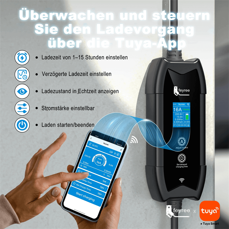 Feyree EV-Ladegerät mit Tuya-App-Steuerung – Ladezeit, Stromstärke und Statusanzeige