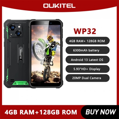 Smartphone robuste Oukitel WP32, écran HD de 5.93 pouces, 4G, Octa Core, 4Go, 128Go, Android 13, batterie de 6300mAh, double caméra 20MP, NFC