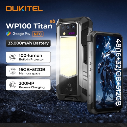Téléphone robuste Oukitel WP100 Titan 16Go 512Go 33000mAh Projecteur intégré Lampe de camping Chargeur 66W Appareil photo 200MP Android 14