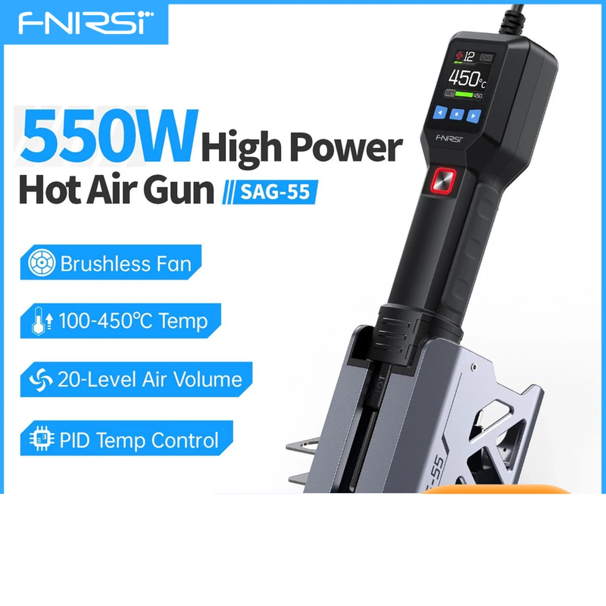FNIRSI SAG‑55 Mini pistolet à air chaud 550 W avec support & écran LCD