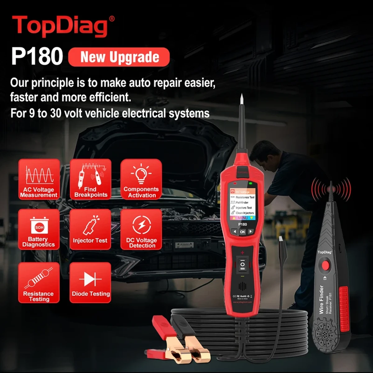TopDiag JDiag P180 Testeur de Circuit 9–30 V pour Véhicules