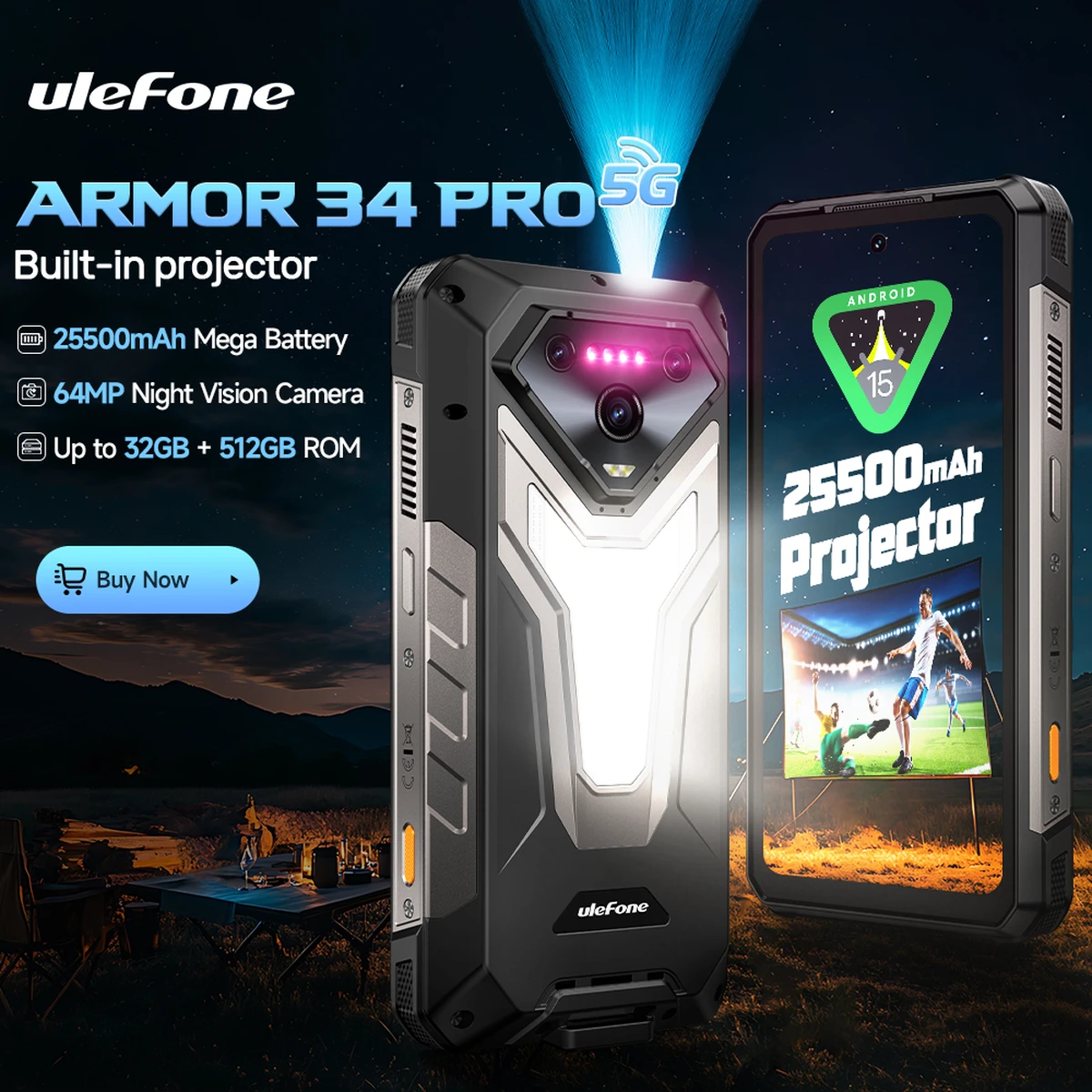 Téléphone robuste Ulefone Armor 34 Pro 5G avec IA, 25 500 mAh, 32 Go, 512 Go, projecteur intégré