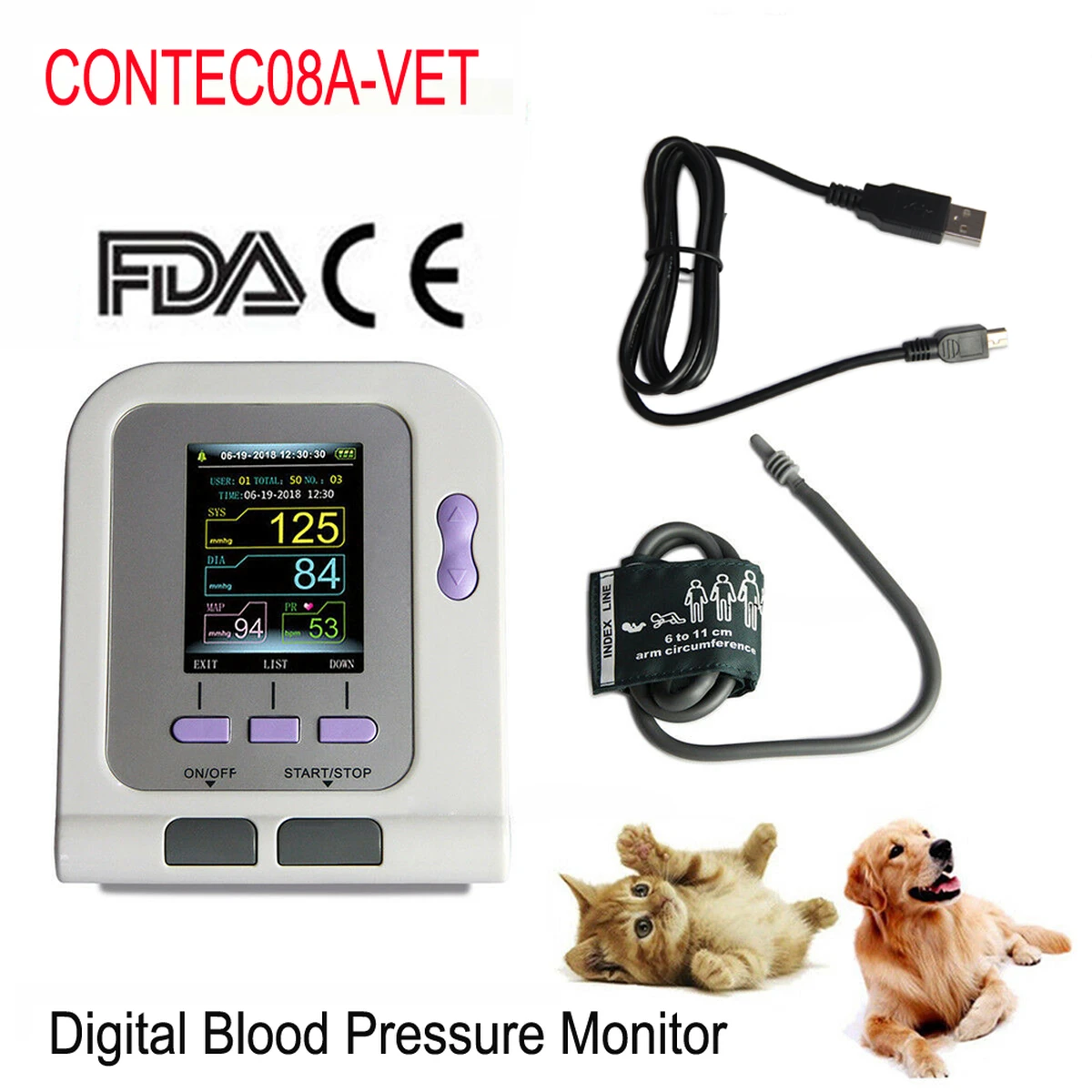 CONTEC 08A-VET Moniteur de pression artérielle vétérinaire portable avec manchette 6-11cm