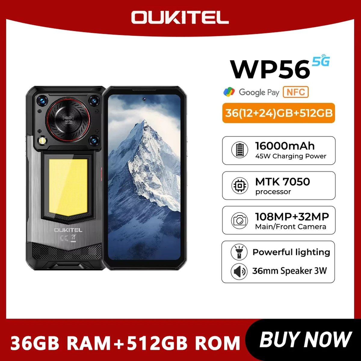 Oukitel WP56 5G 6,8'', Grande Batterie 16 000 mAh, Appareil Photo 108 Mpx, Android 15, Téléphone Robuste