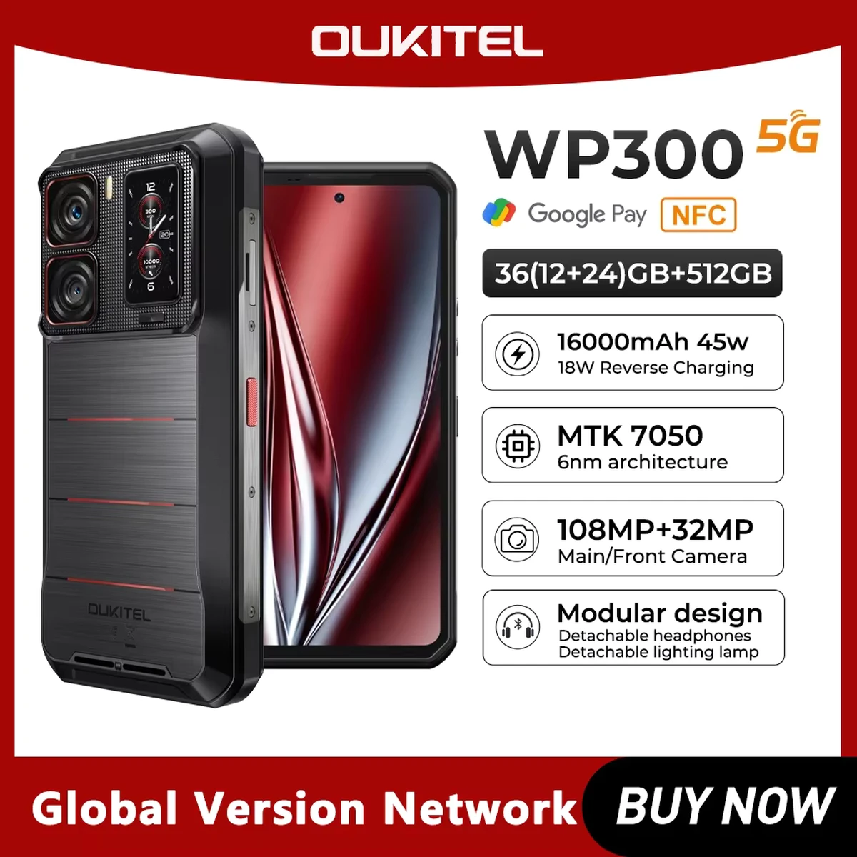 Téléphone robuste Oukitel WP300 16 000 mAh, écouteur/lampe de camping modulaire et amovible