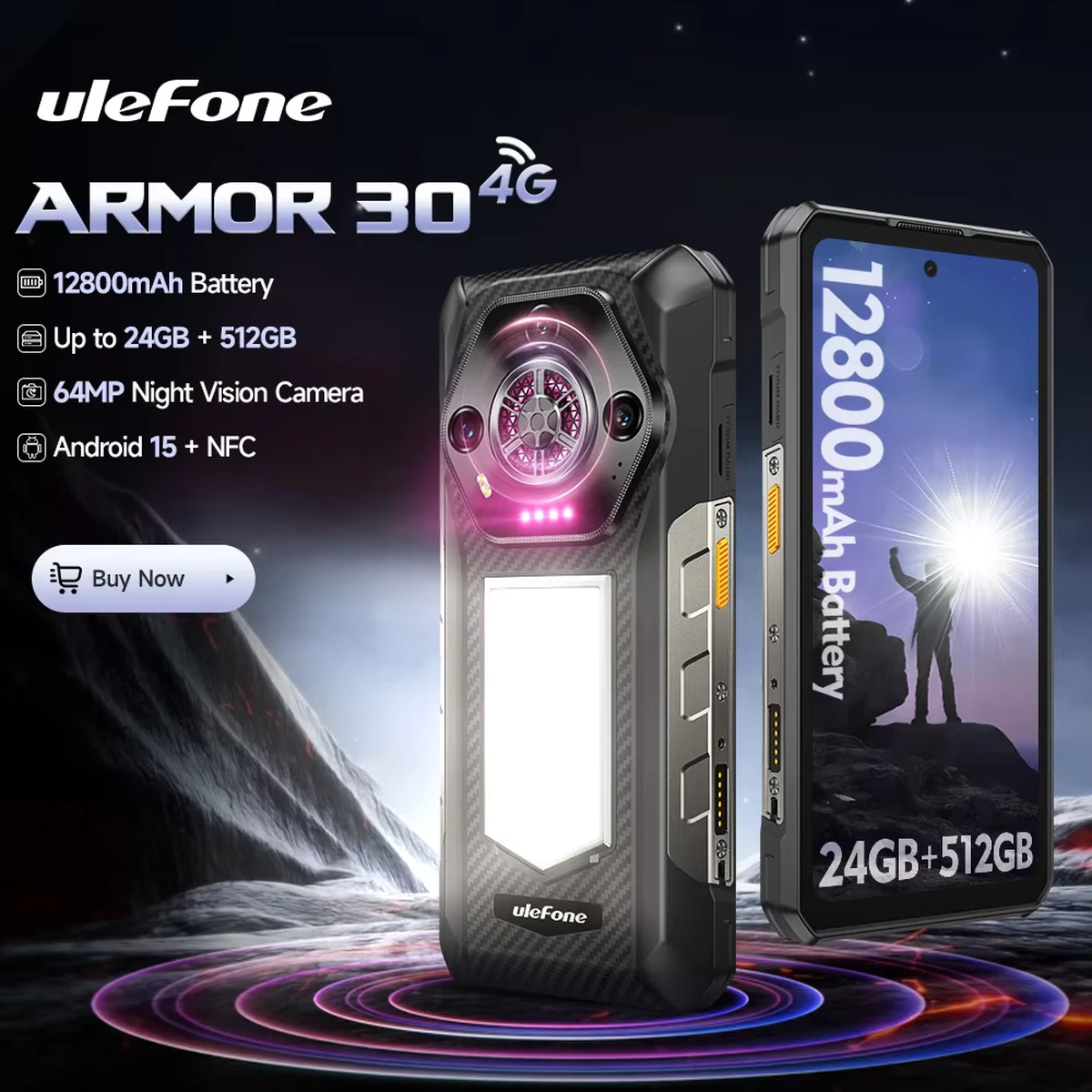 Téléphone robuste Ulefone Armor 30 24 Go + 512 Go 6,95 pouces 50 Mpx/64 Mpx Vision nocturne 12 800 mAh NFC