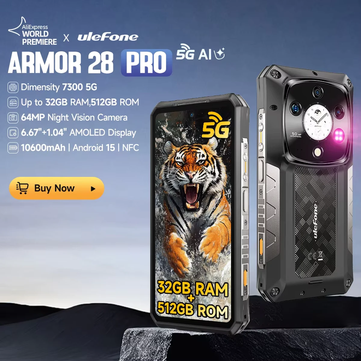Ulefone Armor 28 Pro 6,67" 32 Go + 512 Go 5G Téléphone robuste IA AMLOD Double écran