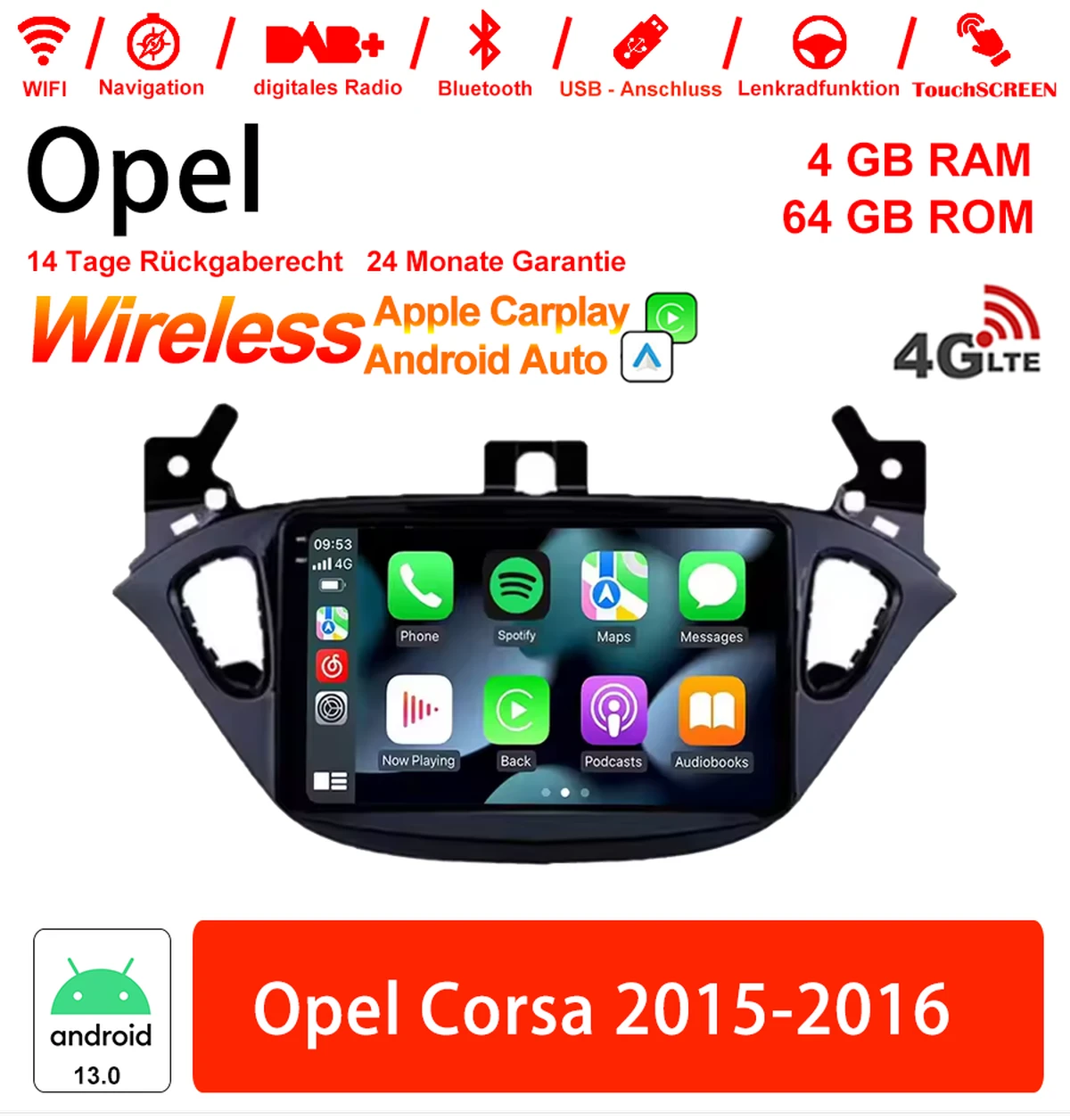 9 inch Android 13.0 Car Radio / Multimedia 4GB RAM 64GB ROM For Opel Corsa 2015-2016 With WiFi NAVI Bluetooth USB