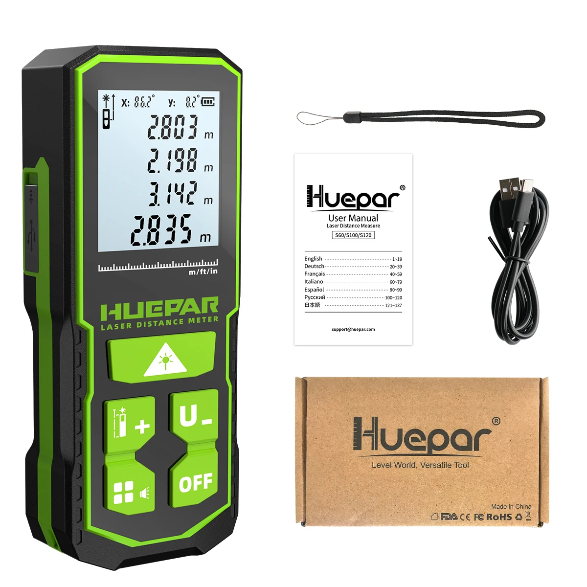 Télémètre laser vert Huepar 60m/100m/120m avec capteur LCD