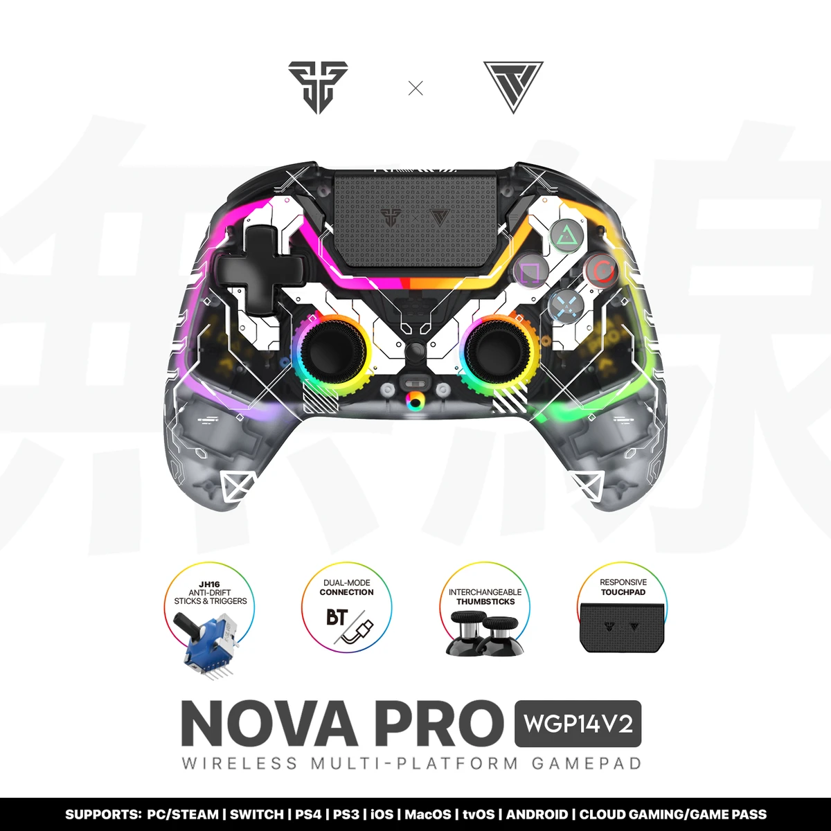 Manette de jeu FANTECH WGP14-V2 avec éclairage RVB, manette de jeu sans fil Bluetooth pour PS4, PS3, Switch, PC et smartphone