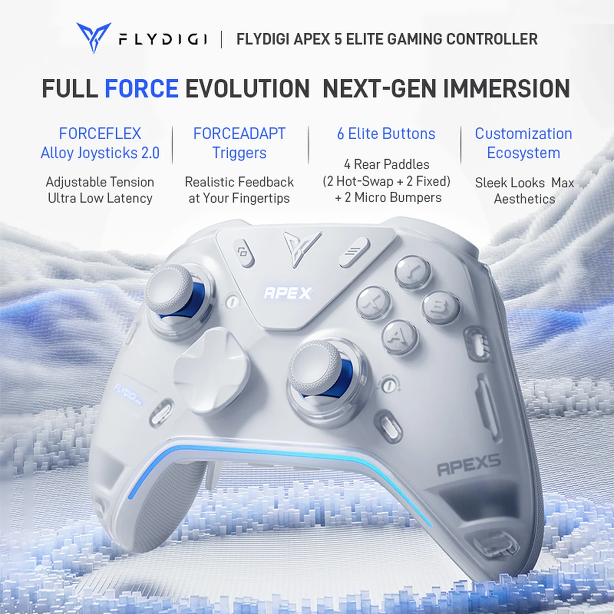 Manette sans fil Flydigi Apex 5 avec joysticks à effet Hall et gâchettes adaptatives pour PC, Nintendo Switch, Android, iOS, MFi