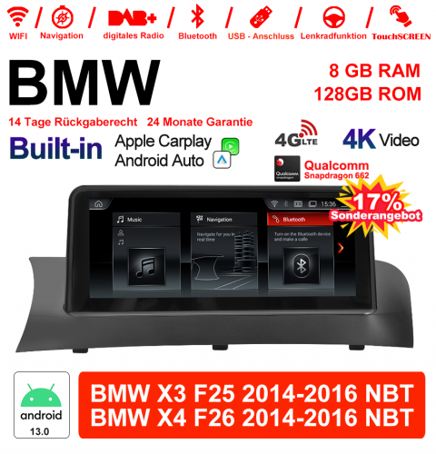 10.25 inch Qualcomm Snapdragon 662 8 Core Android 13.0 4G LTE Car Radio / Multimedia USB WiFi Carplay For BMW X3/X4   F25/26 (2014-2016) NBT