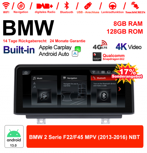 8.8 Inch Qualcomm Snapdragon 662 8 Core Android 13.0 4G LTE Car Radio / Multimedia 8GB RAM 128GB ROM USB WiFi Carplay For BMW 2 Series F22/F45 MPV NBT