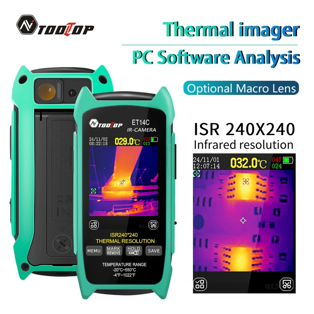 Caméra thermique TOOLTOP ET14C 2,8 pouces 25 Hz ISR240x240 Thermographie avec support Détection de défauts électriques