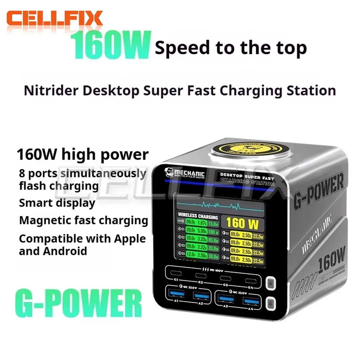 Chargeur rapide G-POWER 160 W 8 ports GaN PD QC 4.0 4 A pour iPhone Android, outil de réparation d'appareils électroniques, charge rapide