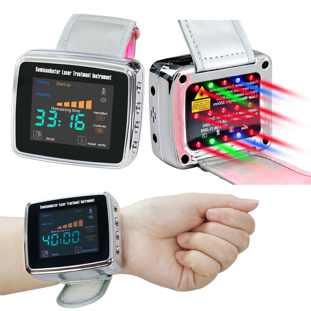 Montre de physiothérapie laser 650 nm 15 trous LLLT pour hypertension, cholestérol élevé, rhinite, sinusite, appareil de traitement