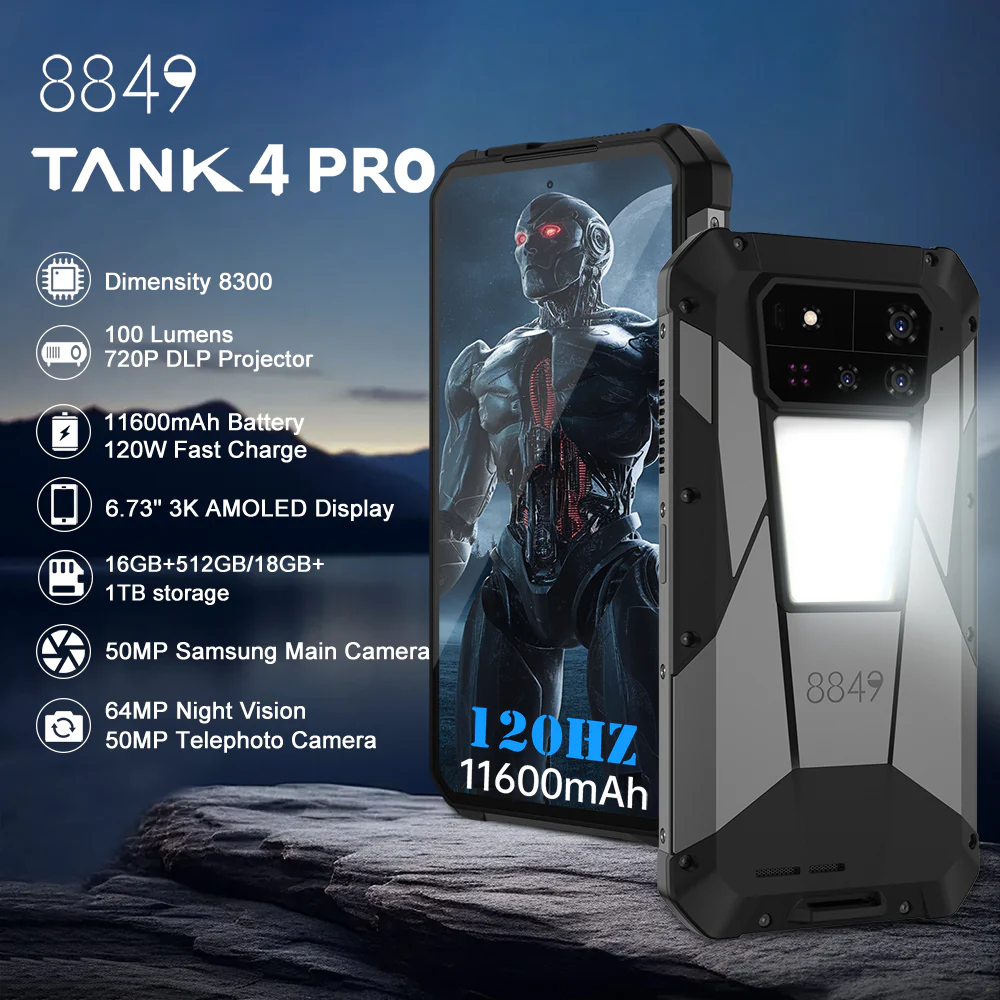 Projecteur 8849 TANK 4 Pro 5G, Smartphone robuste, 36 Go + 1 To, 11 600 mAh, vision nocturne