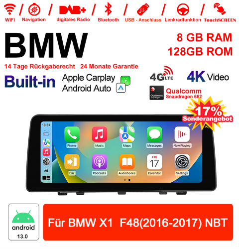 12.3 pouces Qualcomm Snapdragon 662 8 Core Android 13.0 4G LTE Autoradio / Multimédia USB Carplay Pour BMW X1  F48 (2016-2017) NBT avec WIFI