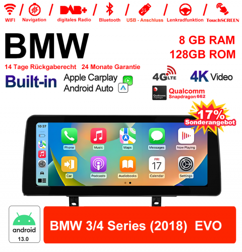 12.3 Inch Qualcomm Snapdragon 662 8 Core Android 13.0 4G LTE Car Radio / Multimedia USB Carplay For  BMW 3/4 Series (2016-2018)  EVO With WiFi