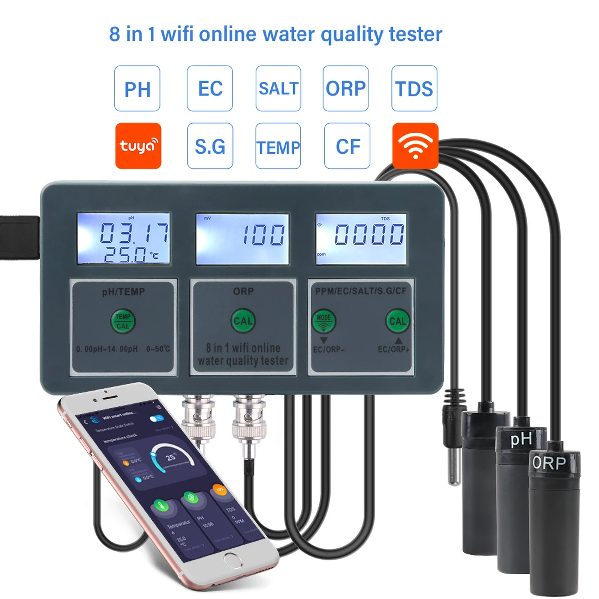 Testeur de salinité et de pH intelligent Tuya Wi-Fi 8 en 1 avec fonction d'enregistrement de données