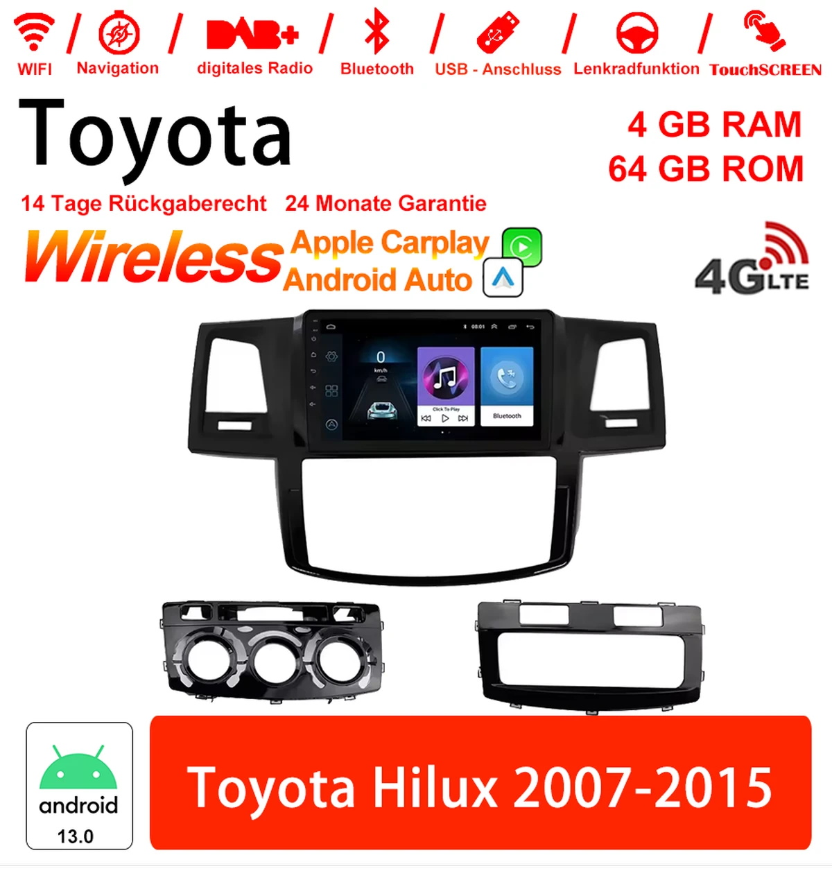 9 inch Android 13.0 car radio / multimedia 4GB RAM 64GB ROM for Toyota Hilux 2007-2015