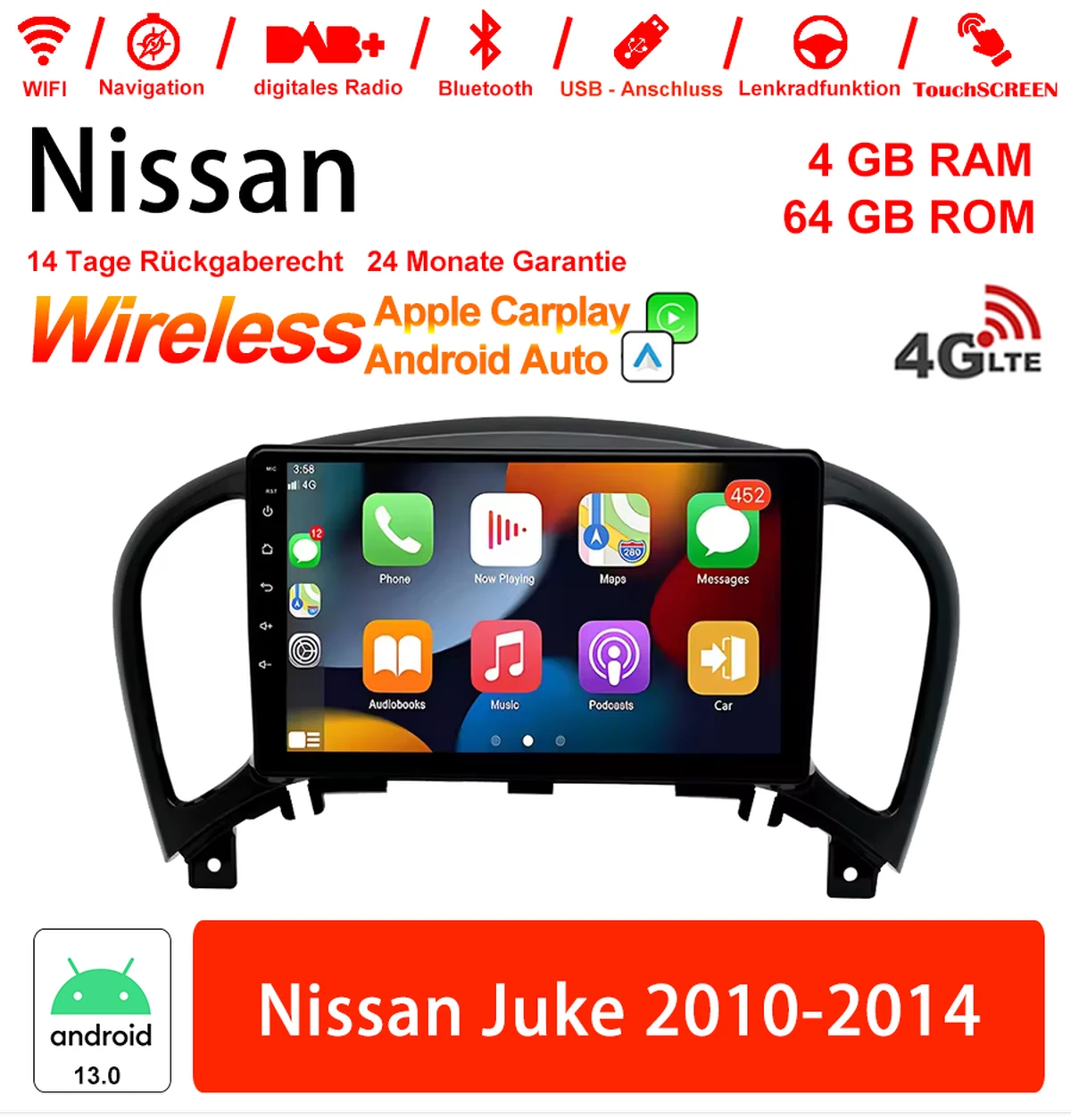 9 inch Android 13.0 car radio / multimedia 4GB RAM 64GB ROM for Nissan Juke 2010-2014