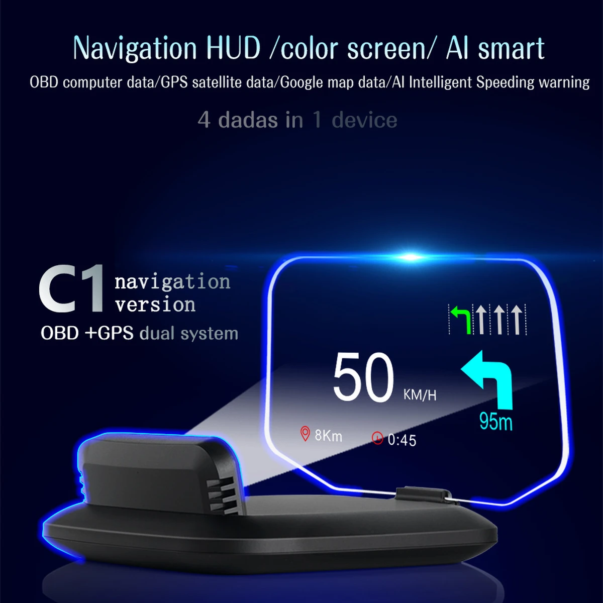 HD C1 OBD2 HUD Affichage Tête Haute Auto avec GPS, Compteur de Vitesse Numérique, KMH/MPH, RPM & Alerte Excès de Vitesse, Plug & Play
