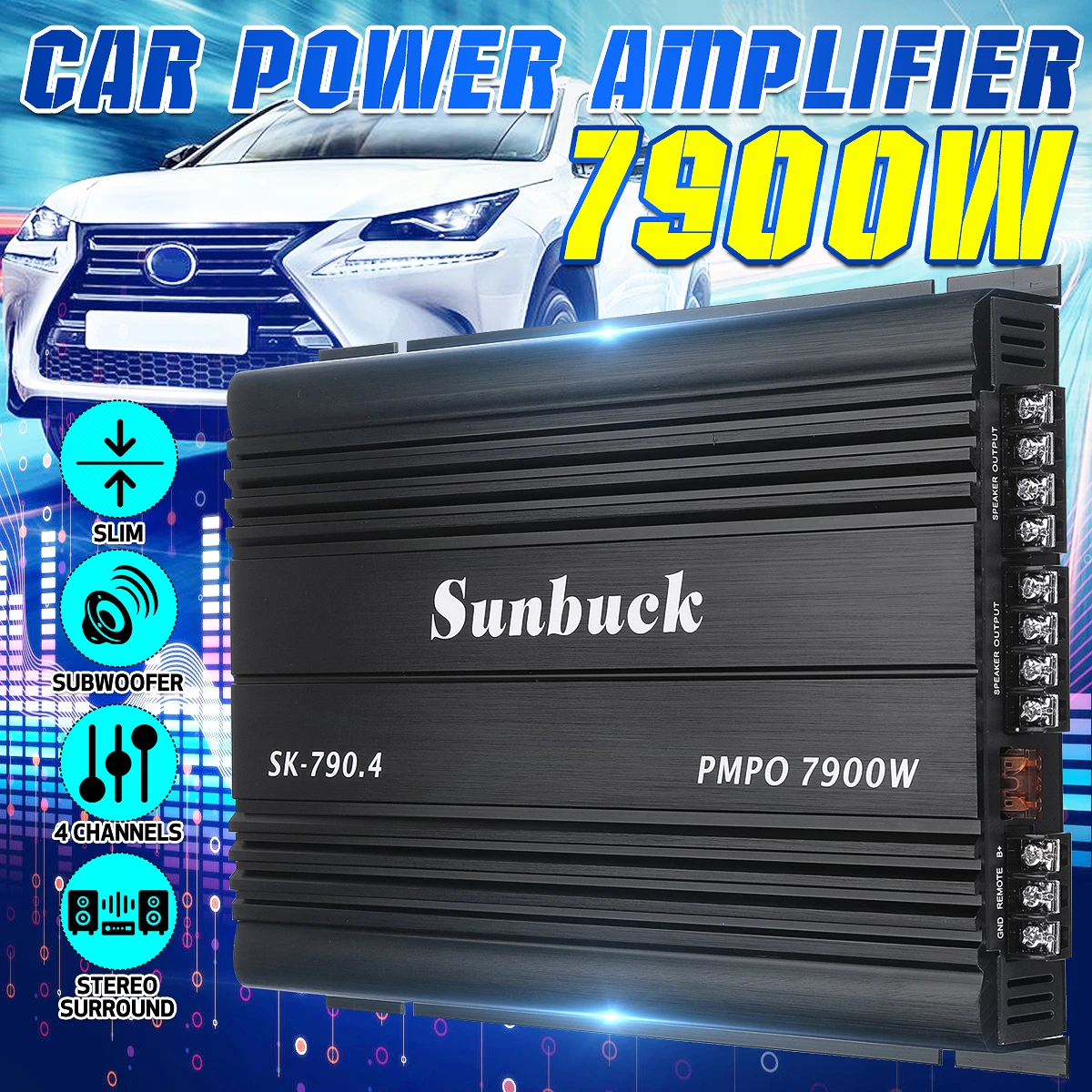 Amplificateur de puissance de voiture 4 canaux 12 V Classe A/B Stéréo numérique Surround Subwoofer passif Lecteur audio